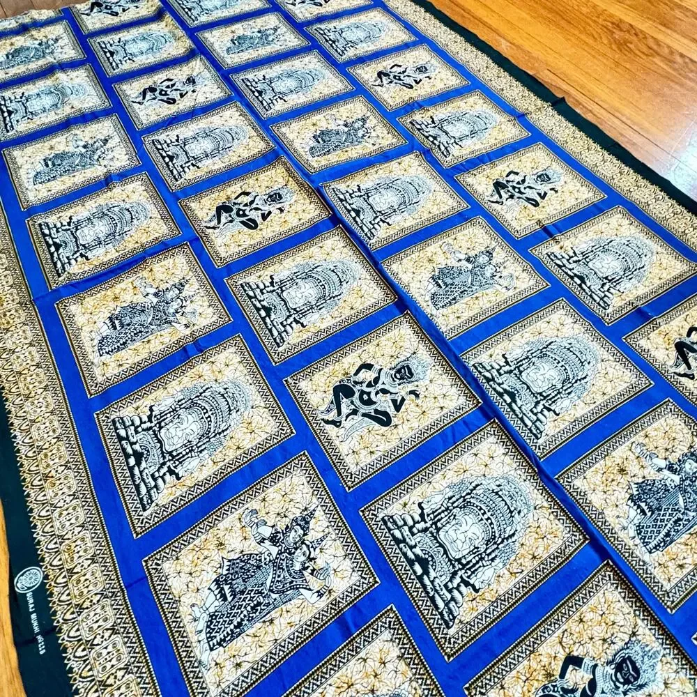 Vintage Suraj Mukhi Fabric Remnant Blue Hindu Motif Cotton Textile